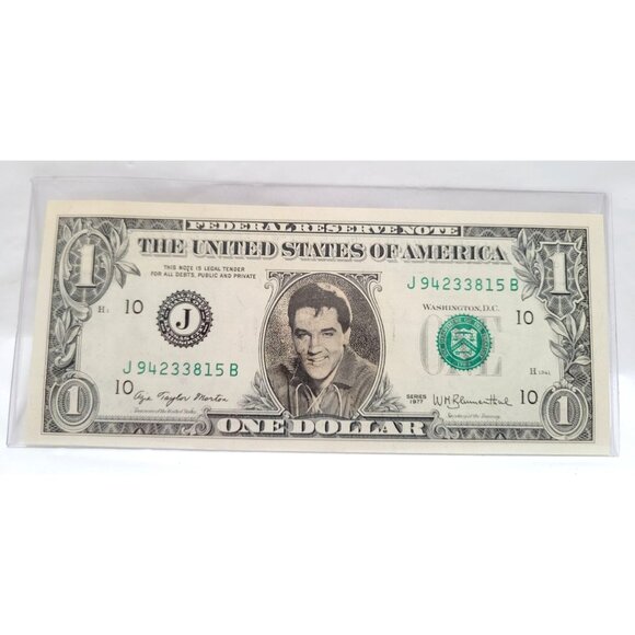 Elvis Presley USA $1 One Dollar Bill Legal Tender J94233815B 1977 Plastic Sleeve - Picture 1 of 3